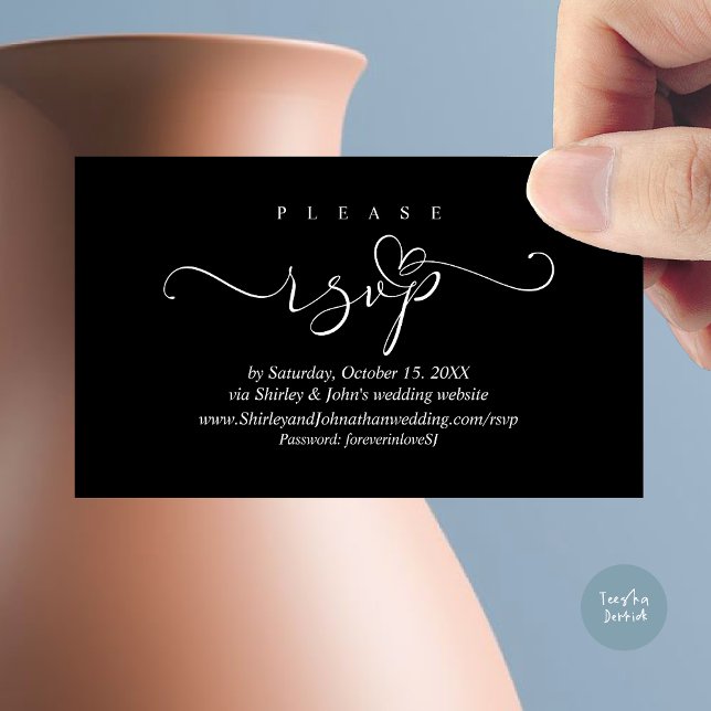 Invitación romántica a matrimonio RSVP, vía sitio  (Modern RSVP Wedding Invitation, via Website Enclosure Card, Phone, email, Black White)