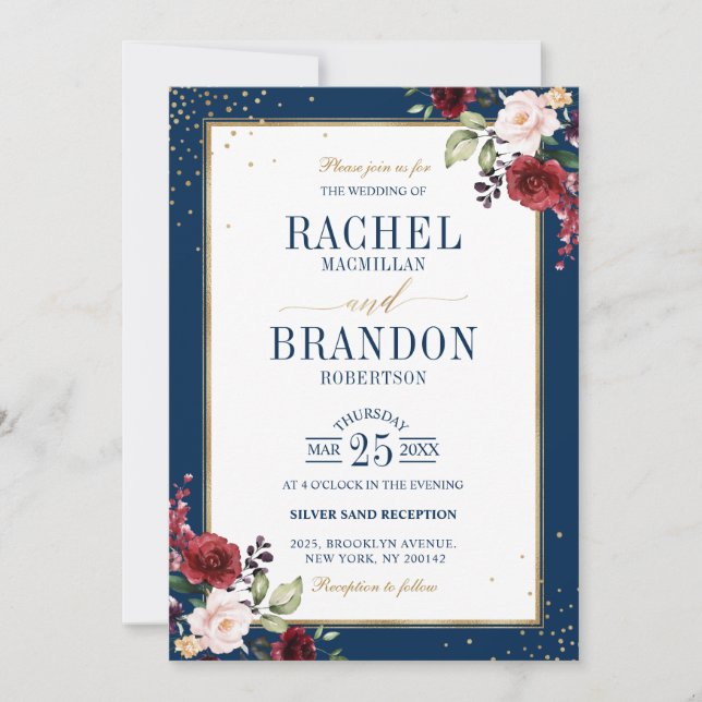 Invitación Romántica acuarela Borgoña Boda Floral (Anverso)