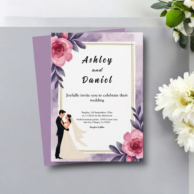 Invitación Romántica acuarela Floral Bride y Groom Boda (Subido por el creador)