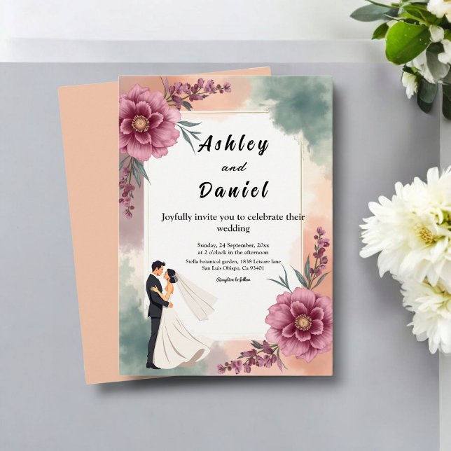 Invitación Romántica acuarela Floral Bride y Groom Boda (Subido por el creador)