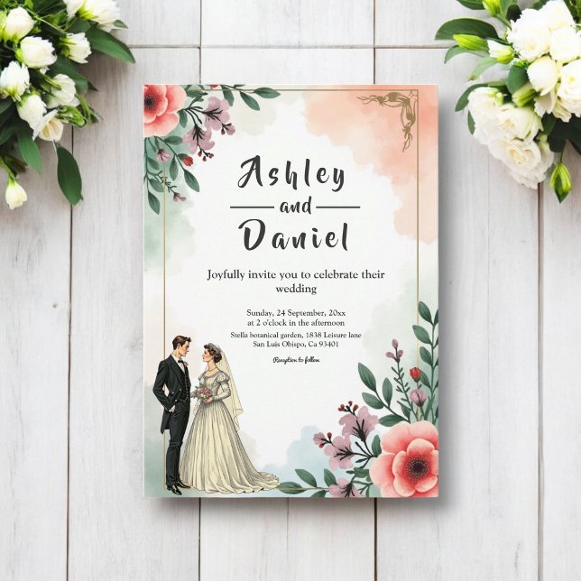 Invitación Romántica acuarela Floral Bride y Groom Boda (Subido por el creador)