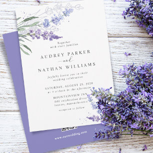 Invitación Romántica acuarela floral de lavanda con código QR