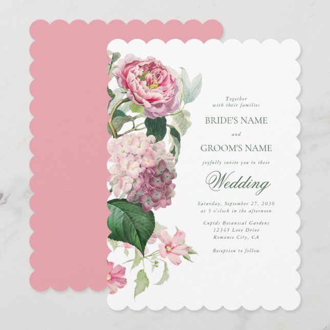 Invitación Romántica acuarela Flores rosadas Boda Jardín (Anverso / Reverso)
