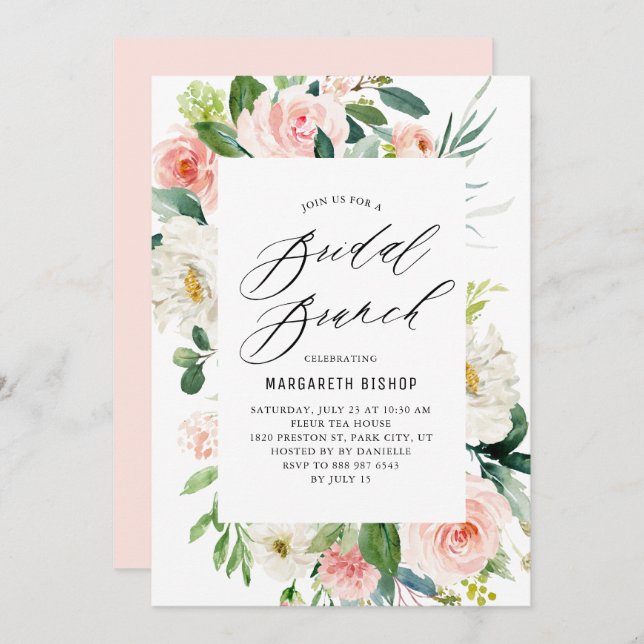 Invitación Romántica acuarela Peach Florals Bridal Brunch (Anverso / Reverso)