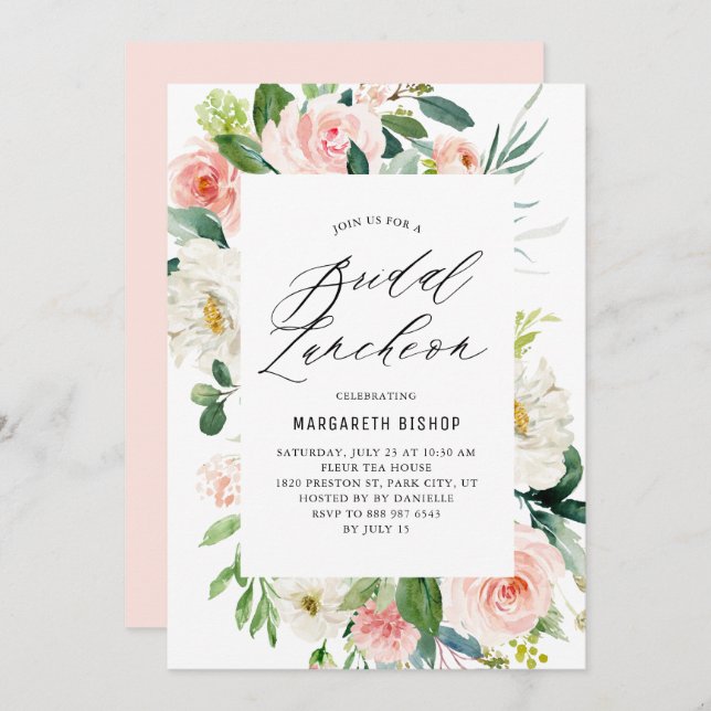 Invitación Romántica acuarela Peach Florals Bridal Luncheon (Anverso / Reverso)