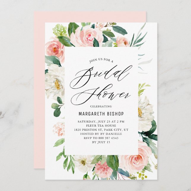 Invitación Romántica acuarela Peach Florals Bridal Shower (Anverso / Reverso)