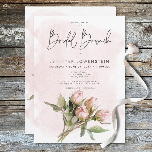 Invitación Romántica acuarela Rosa Rosa Rosa Romántica Brunch (Romantic Watercolor Pink Roses Bridal Brunch Invitation)
