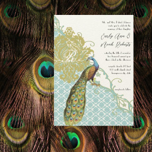 Invitación Romántica boda de Damasco de Pavo Real Rústico