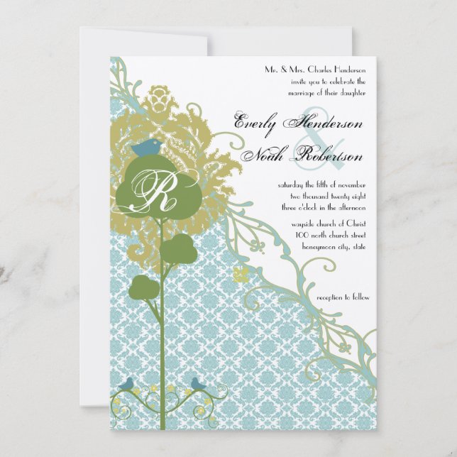 Invitación Romántica boda Rústica Mint Damask (Anverso)