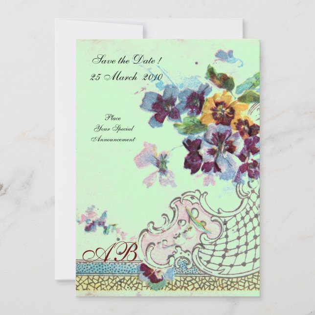 Invitación ROMANTİCA Boda verde azul rosado Monograma floral (Anverso)