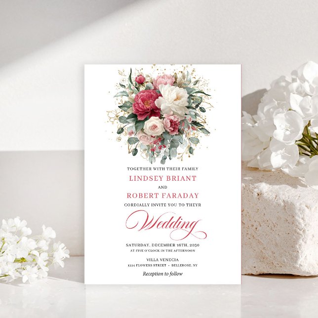Invitación Romántica Bohemiana Rojo Rubí Verde Bla (Romantic Bohemian Ruby Red White Greenery Invitation)