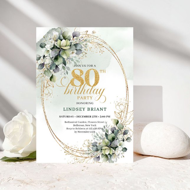 Invitación Romántica Boho Botánica para 80 Cumplea (Romantic Boho Botanical 80th Birthday Invite)