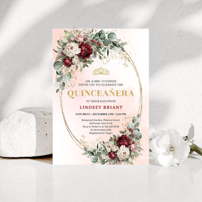 Invitación Romántica Boho Quinceañera Flores Rojas (Romantic Boho Deep Red Flowers Gold Quince Invitation)