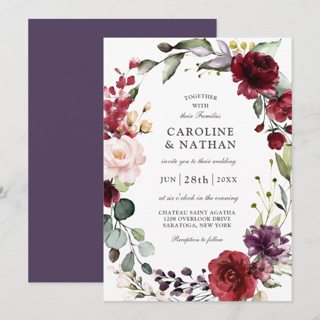 Invitación Romántica ciruela borgoñona y Boda floral Rubor en (Anverso / Reverso)