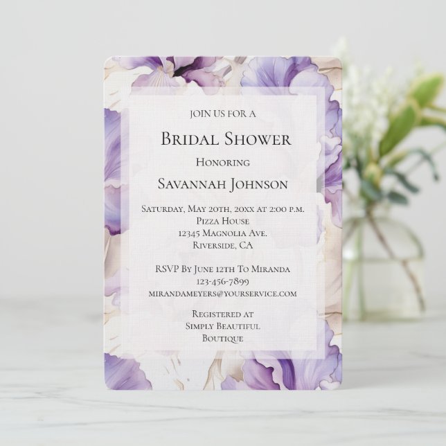 Invitación Romántica Crema Púrpura Iris Floral Ducha De Novia (Anverso de pie)