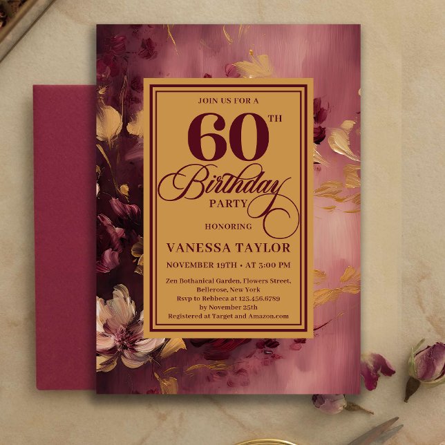 Invitación Romántica de 60 Cumpleaños Borgoña Flor (Romantic 60th Birthday Burgundy Floral Gold Invitation)
