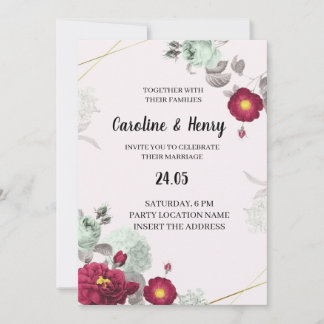 Invitación romántica de bodas rojas y verdes elega