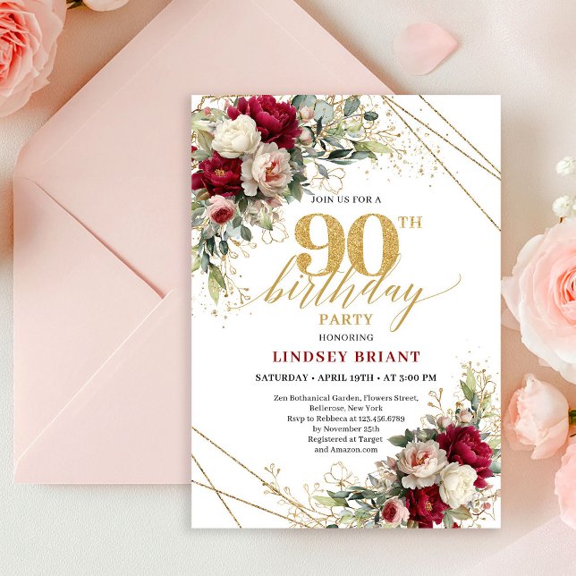 Invitación Romántica de Cumpleaños 90 en Rosa Dora (Romantic Maroon Rose Gold 90th Birthday Invitation)