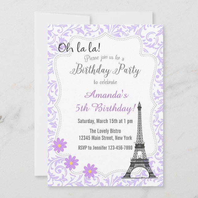 Invitación romántica de cumpleaños a Purple Paris (Anverso)