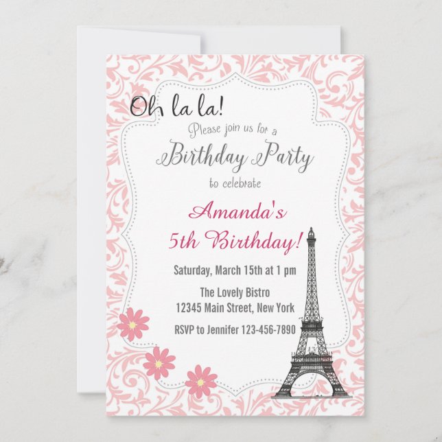 Invitación romántica de cumpleaños de París rosa (Anverso)