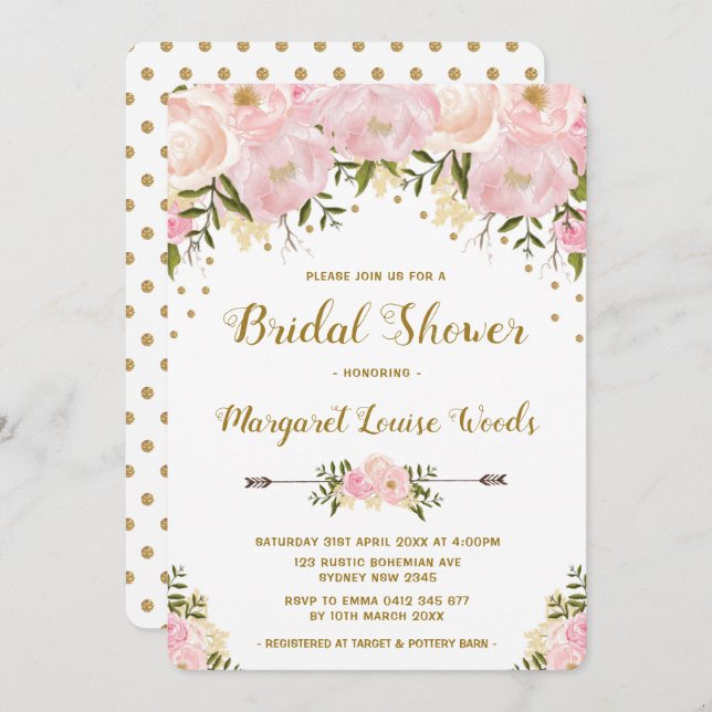 Invitación romántica de ducha de novias con flores (Anverso / Reverso)