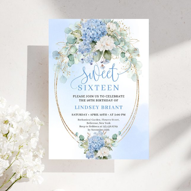 Invitación Romántica de Hortensia Azul para Cumple (Romantic Blue Hydrangea Sweet Sixteen Invitation)