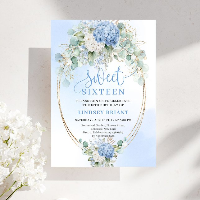 Invitación Romántica de Hydrangea Azul para Cumple (Romantic Blue Hydrangea Sweet Sixteen Invitation)