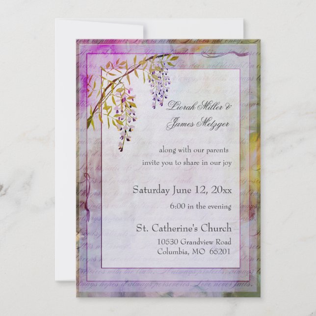 Invitación romántica de la boda de las glicinias (Anverso)