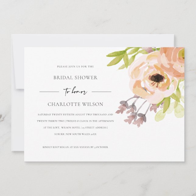 INVITACIÓN ROMÁNTICA DUCHA BRIDAL DE LA FLORAL DE LA PINCA DE (Anverso)