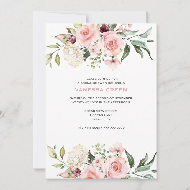 Invitación Romántica ducha de novia de rosas rosas rosas rosa (Anverso)