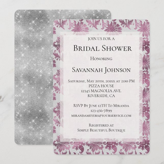 Invitación Romántica ducha de novia floral de plata roja borg (Anverso / Reverso)