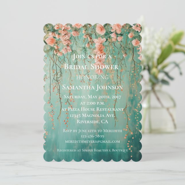 Invitación Romántica ducha de novia Verde azulada Rubor rosa  (Anverso de pie)