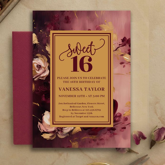 Invitación Romántica Dulces Dieciséis Borgoña Rubo (Romantic Sweet Sixteen Burgundy Blush Gold Invite)