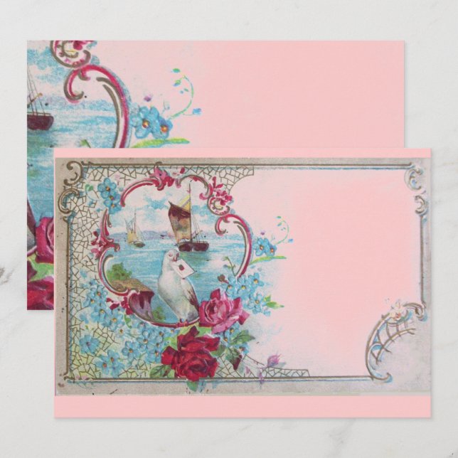 Invitación ROMÁNTICA Fiesta de Boda Floral Elegante Rosa Azul (Anverso / Reverso)