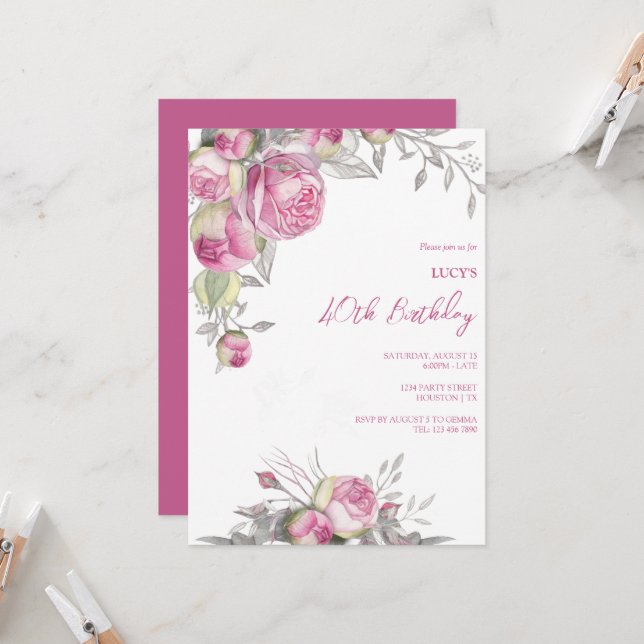 Invitación Romántica fiesta de cumpleaños con decoración de r (Anverso/Reverso In Situ)