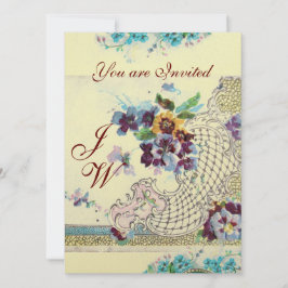 Invitación ROMANTICA Floral Azul rosa Boda blanco Monograma