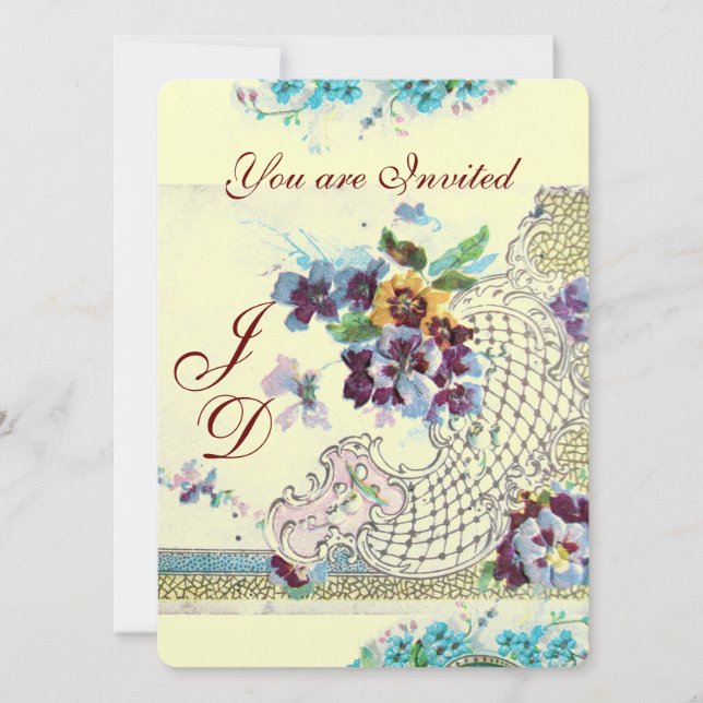 Invitación ROMANTICA Floral Azul rosa Boda blanco Pansies (Anverso)