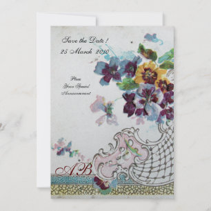 Invitación ROMÁNTICA Floral Azul Rosado Plateado Pansies de B