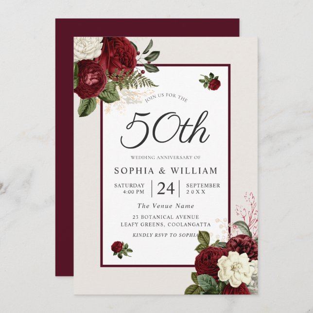 Invitación Romántica floral borgoñona 50 aniversario Boda (Anverso / Reverso)