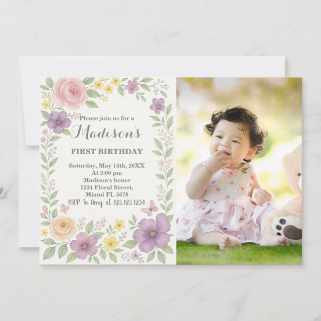 Invitación romántica floral de primer cumpleaños (Anverso)