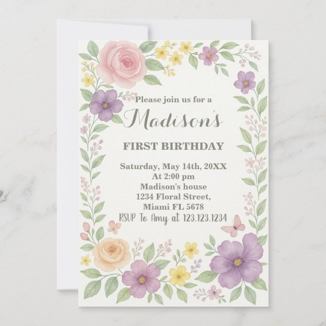 Invitación romántica floral de primer cumpleaños (Anverso)