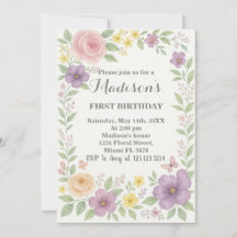 Invitación romántica floral de primer cumpleaños