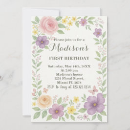 Invitación romántica floral de primer cumpleaños
