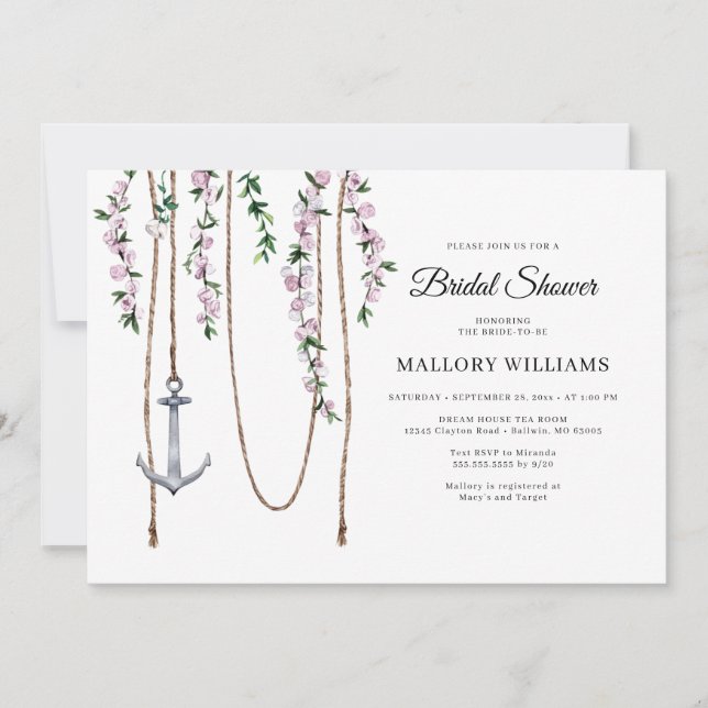 Invitación Romántica floral Nautical Anchor Bridal Shower (Anverso)