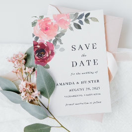 Invitación Romántica floral rosa y borgoña salva la fecha