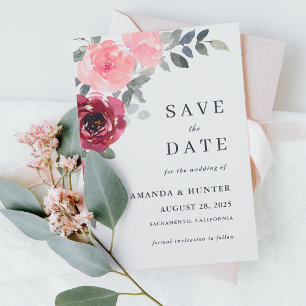 Invitación Romántica floral rosa y borgoña salva la fecha