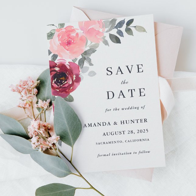 Invitación Romántica floral rosa y borgoña salva la fecha (Subido por el creador)