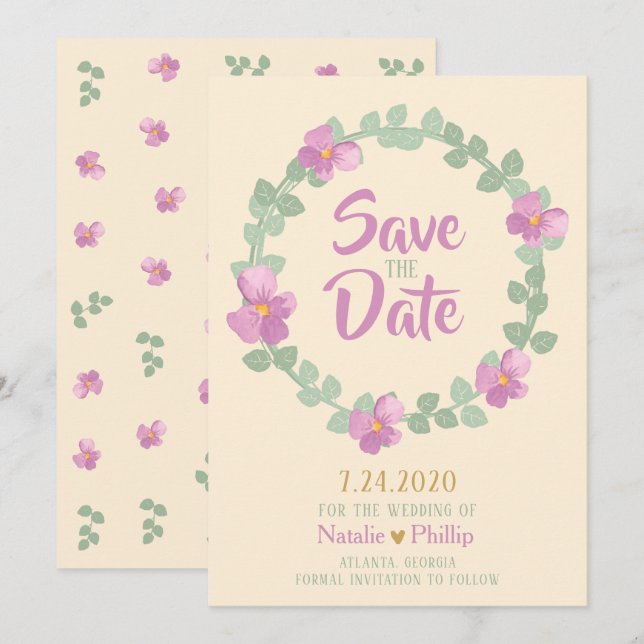 Invitación Romántica floral Wreath Save the Date Card (Anverso / Reverso)