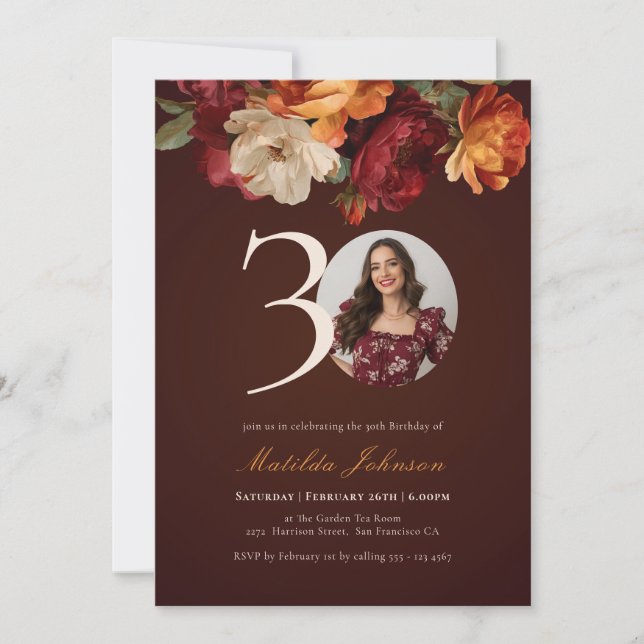 Invitación Romántica foto de Borgoña Floral 30 cumpleaños (Anverso)