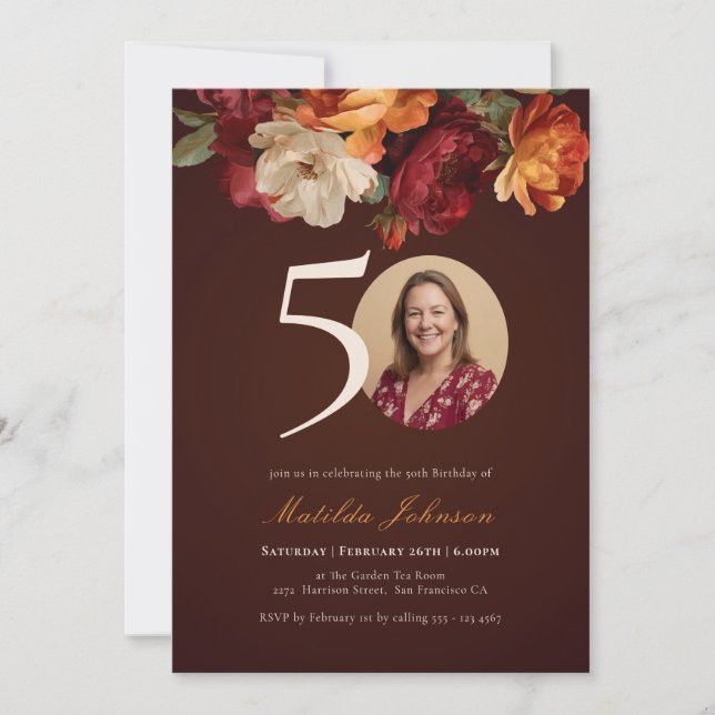 Invitación Romántica foto floral borgoñona 50 cumpleaños (Anverso)